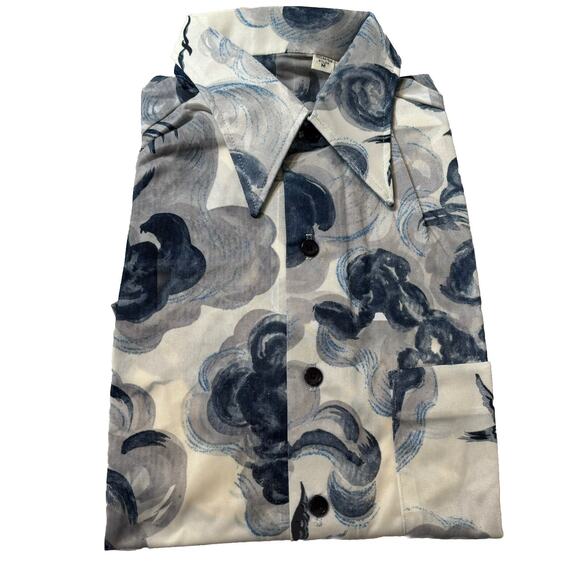 Vtg 70s Antron Nylon Short Sleeve Men's Shirt Blue White Cloud Bird Print Size M - Picture 4 of 8
